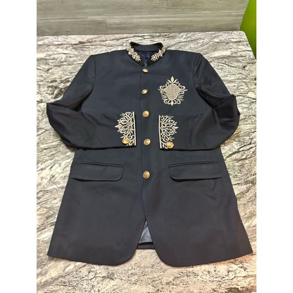 Handwork Embroidered Navy  Bandhgala suit Nehru with Gold Buttons S